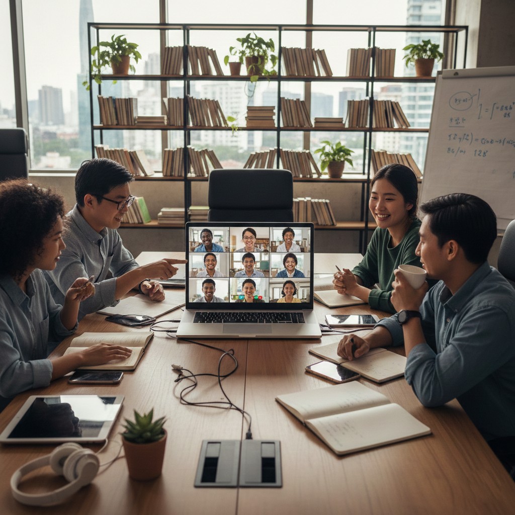 International students learning together online